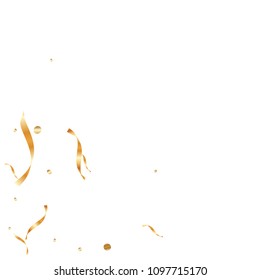  Gold confetti, ribbons. Falling glitter. Bokeh background. Abstract golden anniversary invitation template. Wedding concept card. Flying abstract particles. Explosion celebrate card.