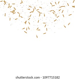  Gold confetti, ribbons. Falling glitter. Bokeh background. Abstract golden anniversary invitation template. Wedding concept card. Flying abstract particles. Explosion celebrate card.
