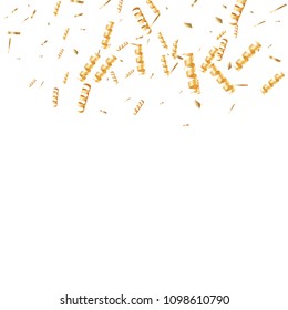  Gold confetti, ribbons. Falling glitter. Bokeh background. Abstract golden anniversary invitation template. Wedding concept card. Flying abstract particles. Explosion celebrate card.