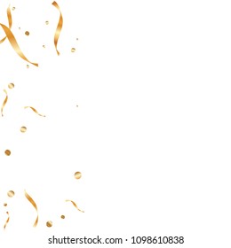  Gold confetti, ribbons. Falling glitter. Bokeh background. Abstract golden anniversary invitation template. Wedding concept card. Flying abstract particles. Explosion celebrate card.