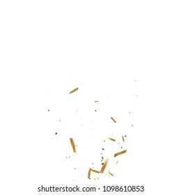  Gold confetti, ribbons. Falling glitter. Bokeh background. Abstract golden anniversary invitation template. Wedding concept card. Flying abstract particles. Explosion celebrate card.