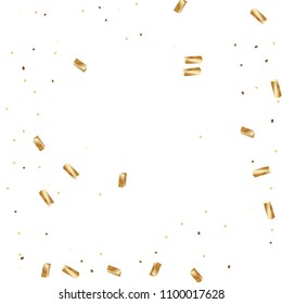  Gold confetti, ribbons. Falling glitter. Bokeh background. Abstract golden anniversary invitation template. Wedding concept card. Flying abstract particles. Explosion celebrate card.
