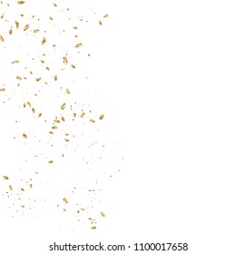  Gold confetti, ribbons. Falling glitter. Bokeh background. Abstract golden anniversary invitation template. Wedding concept card. Flying abstract particles. Explosion celebrate card.