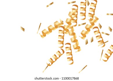  Gold confetti, ribbons. Falling glitter. Bokeh background. Abstract golden anniversary invitation template. Wedding concept card. Flying abstract particles. Explosion celebrate card.