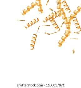  Gold confetti, ribbons. Falling glitter. Bokeh background. Abstract golden anniversary invitation template. Wedding concept card. Flying abstract particles. Explosion celebrate card.