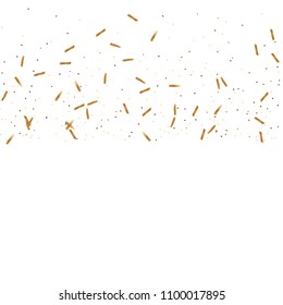  Gold confetti, ribbons. Falling glitter. Bokeh background. Abstract golden anniversary invitation template. Wedding concept card. Flying abstract particles. Explosion celebrate card.