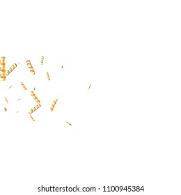  Gold confetti, ribbons. Falling glitter. Bokeh background. Abstract golden anniversary invitation template. Wedding concept card. Flying abstract particles. Explosion celebrate card.