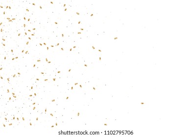  Gold confetti, ribbons. Falling glitter. Bokeh background. Abstract golden anniversary invitation template. Wedding concept card. Flying abstract particles. Explosion celebrate card.