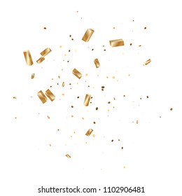  Gold confetti, ribbons. Falling glitter. Bokeh background. Abstract golden anniversary invitation template. Wedding concept card. Flying abstract particles. Explosion celebrate card.