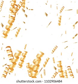  Gold confetti, ribbons. Falling glitter. Bokeh background. Abstract golden anniversary invitation template. Wedding concept card. Flying abstract particles. Explosion celebrate card.