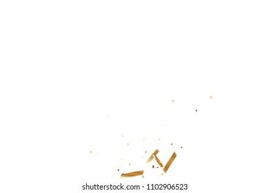  Gold confetti, ribbons. Falling glitter. Bokeh background. Abstract golden anniversary invitation template. Wedding concept card. Flying abstract particles. Explosion celebrate card.