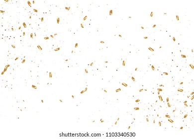  Gold confetti, ribbons. Falling glitter. Bokeh background. Abstract golden anniversary invitation template. Wedding concept card. Flying abstract particles. Explosion celebrate card.