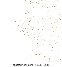  Gold confetti, ribbons. Falling glitter. Bokeh background. Abstract golden anniversary invitation template. Wedding concept card. Flying abstract particles. Explosion celebrate card.