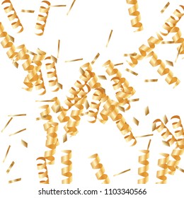  Gold confetti, ribbons. Falling glitter. Bokeh background. Abstract golden anniversary invitation template. Wedding concept card. Flying abstract particles. Explosion celebrate card.