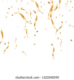  Gold confetti, ribbons. Falling glitter. Bokeh background. Abstract golden anniversary invitation template. Wedding concept card. Flying abstract particles. Explosion celebrate card.