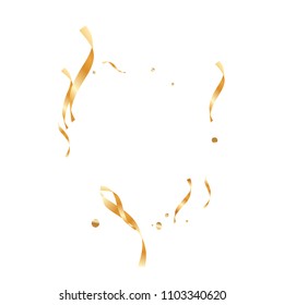  Gold confetti, ribbons. Falling glitter. Bokeh background. Abstract golden anniversary invitation template. Wedding concept card. Flying abstract particles. Explosion celebrate card.