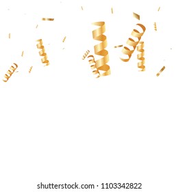  Gold confetti, ribbons. Falling glitter. Bokeh background. Abstract golden anniversary invitation template. Wedding concept card. Flying abstract particles. Explosion celebrate card.