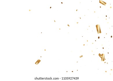  Gold confetti, ribbons. Falling glitter. Bokeh background. Abstract golden anniversary invitation template. Wedding concept card. Flying abstract particles. Explosion celebrate card.