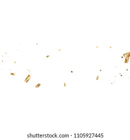  Gold confetti, ribbons. Falling glitter. Bokeh background. Abstract golden anniversary invitation template. Wedding concept card. Flying abstract particles. Explosion celebrate card.