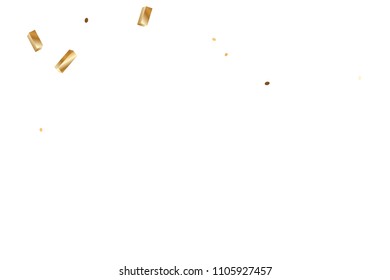  Gold confetti, ribbons. Falling glitter. Bokeh background. Abstract golden anniversary invitation template. Wedding concept card. Flying abstract particles. Explosion celebrate card.