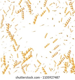  Gold confetti, ribbons. Falling glitter. Bokeh background. Abstract golden anniversary invitation template. Wedding concept card. Flying abstract particles. Explosion celebrate card.