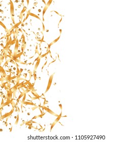  Gold confetti, ribbons. Falling glitter. Bokeh background. Abstract golden anniversary invitation template. Wedding concept card. Flying abstract particles. Explosion celebrate card.