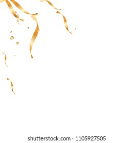 Gold confetti, ribbons. Falling glitter. Bokeh background. Abstract golden anniversary invitation template. Wedding concept card. Flying abstract particles. Explosion celebrate card.