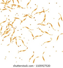  Gold confetti, ribbons. Falling glitter. Bokeh background. Abstract golden anniversary invitation template. Wedding concept card. Flying abstract particles. Explosion celebrate card.