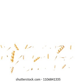  Gold confetti, ribbons. Falling glitter. Bokeh background. Abstract golden anniversary invitation template. Wedding concept card. Flying abstract particles. Explosion celebrate card.