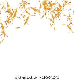  Gold confetti, ribbons. Falling glitter. Bokeh background. Abstract golden anniversary invitation template. Wedding concept card. Flying abstract particles. Explosion celebrate card.