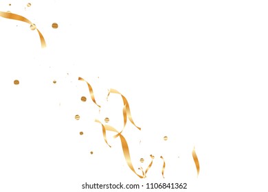  Gold confetti, ribbons. Falling glitter. Bokeh background. Abstract golden anniversary invitation template. Wedding concept card. Flying abstract particles. Explosion celebrate card.