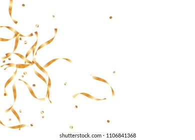  Gold confetti, ribbons. Falling glitter. Bokeh background. Abstract golden anniversary invitation template. Wedding concept card. Flying abstract particles. Explosion celebrate card.