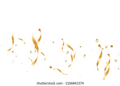  Gold confetti, ribbons. Falling glitter. Bokeh background. Abstract golden anniversary invitation template. Wedding concept card. Flying abstract particles. Explosion celebrate card.