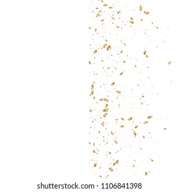  Gold confetti, ribbons. Falling glitter. Bokeh background. Abstract golden anniversary invitation template. Wedding concept card. Flying abstract particles. Explosion celebrate card.