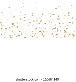  Gold confetti, ribbons. Falling glitter. Bokeh background. Abstract golden anniversary invitation template. Wedding concept card. Flying abstract particles. Explosion celebrate card.