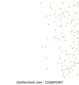  Gold confetti, ribbons. Falling glitter. Bokeh background. Abstract golden anniversary invitation template. Wedding concept card. Flying abstract particles. Explosion celebrate card.