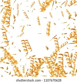  Gold confetti, ribbons. Falling glitter. Bokeh background. Abstract golden anniversary invitation template. Wedding concept card. Flying abstract particles. Explosion celebrate card.