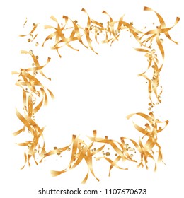  Gold confetti, ribbons. Falling glitter. Bokeh background. Abstract golden anniversary invitation template. Wedding concept card. Flying abstract particles. Explosion celebrate card.