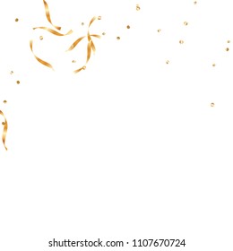  Gold confetti, ribbons. Falling glitter. Bokeh background. Abstract golden anniversary invitation template. Wedding concept card. Flying abstract particles. Explosion celebrate card.
