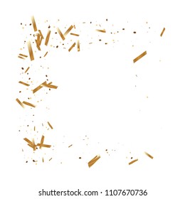  Gold confetti, ribbons. Falling glitter. Bokeh background. Abstract golden anniversary invitation template. Wedding concept card. Flying abstract particles. Explosion celebrate card.