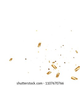  Gold confetti, ribbons. Falling glitter. Bokeh background. Abstract golden anniversary invitation template. Wedding concept card. Flying abstract particles. Explosion celebrate card.