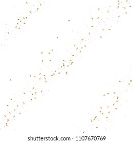 Gold confetti, ribbons. Falling glitter. Bokeh background. Abstract golden anniversary invitation template. Wedding concept card. Flying abstract particles. Explosion celebrate card.