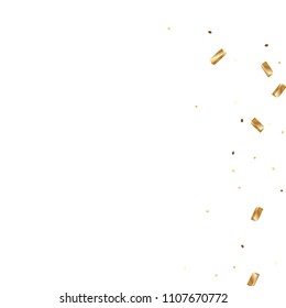  Gold confetti, ribbons. Falling glitter. Bokeh background. Abstract golden anniversary invitation template. Wedding concept card. Flying abstract particles. Explosion celebrate card.