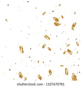  Gold confetti, ribbons. Falling glitter. Bokeh background. Abstract golden anniversary invitation template. Wedding concept card. Flying abstract particles. Explosion celebrate card.