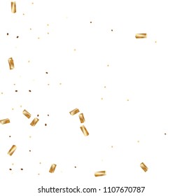 Gold confetti, ribbons. Falling glitter. Bokeh background. Abstract golden anniversary invitation template. Wedding concept card. Flying abstract particles. Explosion celebrate card.