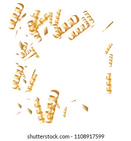  Gold confetti, ribbons. Falling glitter.  Abstract golden anniversary invitation template. Wedding concept card. Flying abstract particles. Explosion celebrate card.