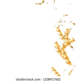 Gold confetti, ribbons. Falling glitter. Abstract golden anniversary invitation template. Wedding concept card. Flying abstract particles. Explosion celebrate card.