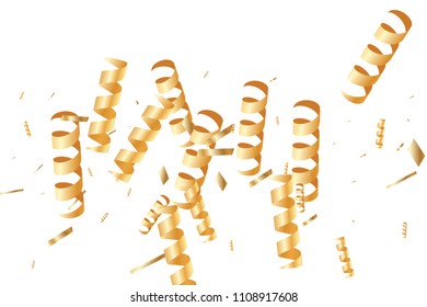  Gold confetti, ribbons. Falling glitter.  Abstract golden anniversary invitation template. Wedding concept card. Flying abstract particles. Explosion celebrate card.
