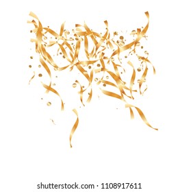  Gold confetti, ribbons. Falling glitter. Abstract golden anniversary invitation template. Wedding concept card. Flying abstract particles. Explosion celebrate card.