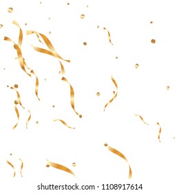  Gold confetti, ribbons. Falling glitter. Abstract golden anniversary invitation template. Wedding concept card. Flying abstract particles. Explosion celebrate card.